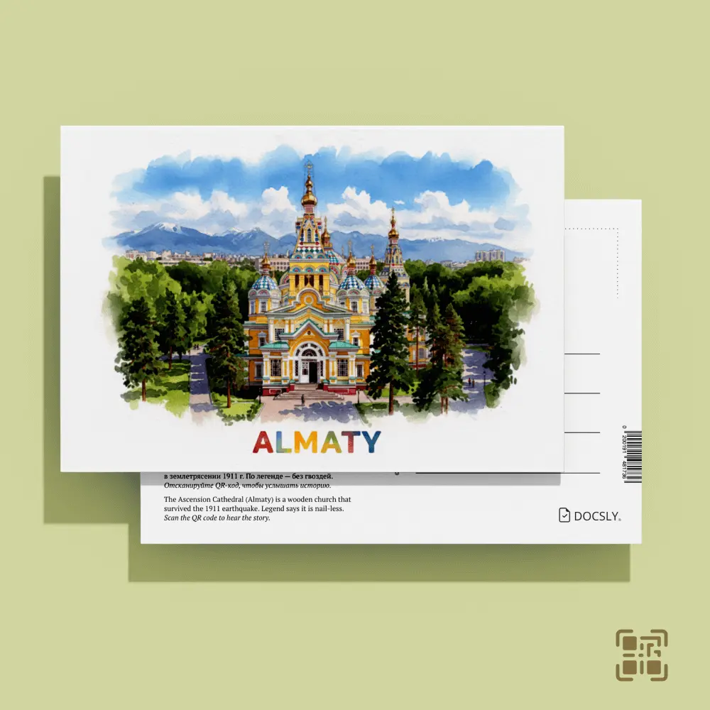 Docsly Postcard Ascension Cathedral Mountain View DALPA13 / 10x15 cm Architectural Gems of Almaty OPP bag